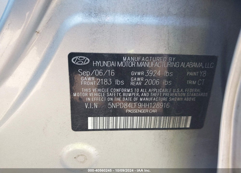 2017 HYUNDAI ELANTRA VALUE EDITION VIN: 5NPD84LF9HH128916
