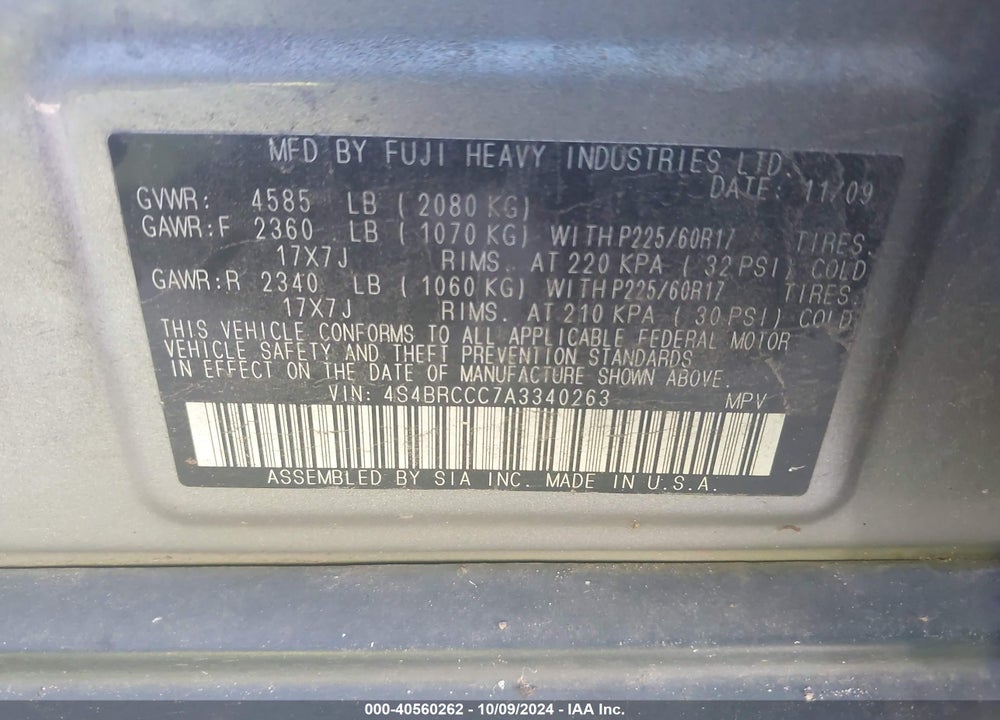 2010 SUBARU OUTBACK 2.5I PREMIUM VIN: 4S4BRCCC7A3340263
