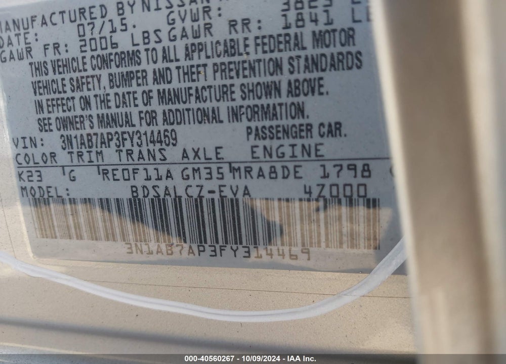 2015 NISSAN SENTRA S VIN: 3N1AB7AP3FY314469