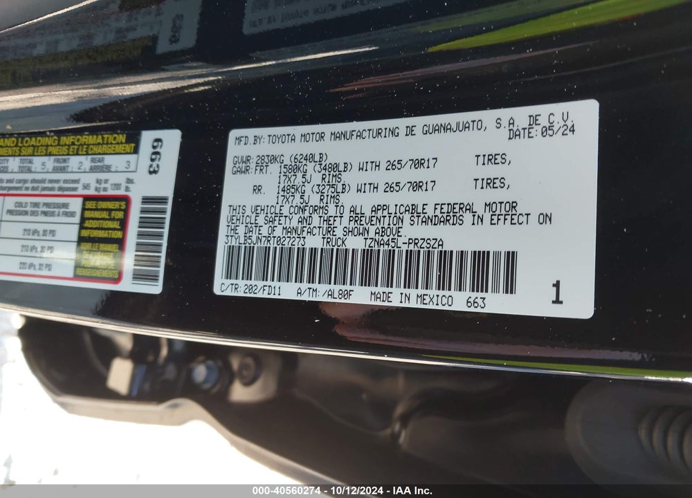 2024 TOYOTA TACOMA TRD OFF ROAD VIN: 3TYLB5JN7RT027273