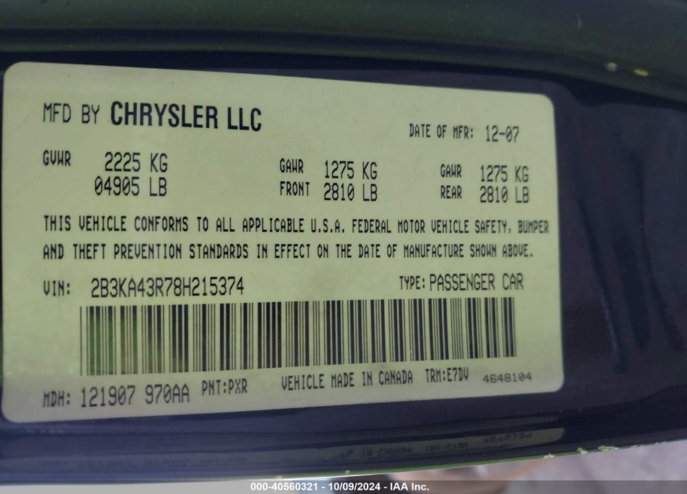 2008 DODGE CHARGER VIN: 2B3KA43R78H215374