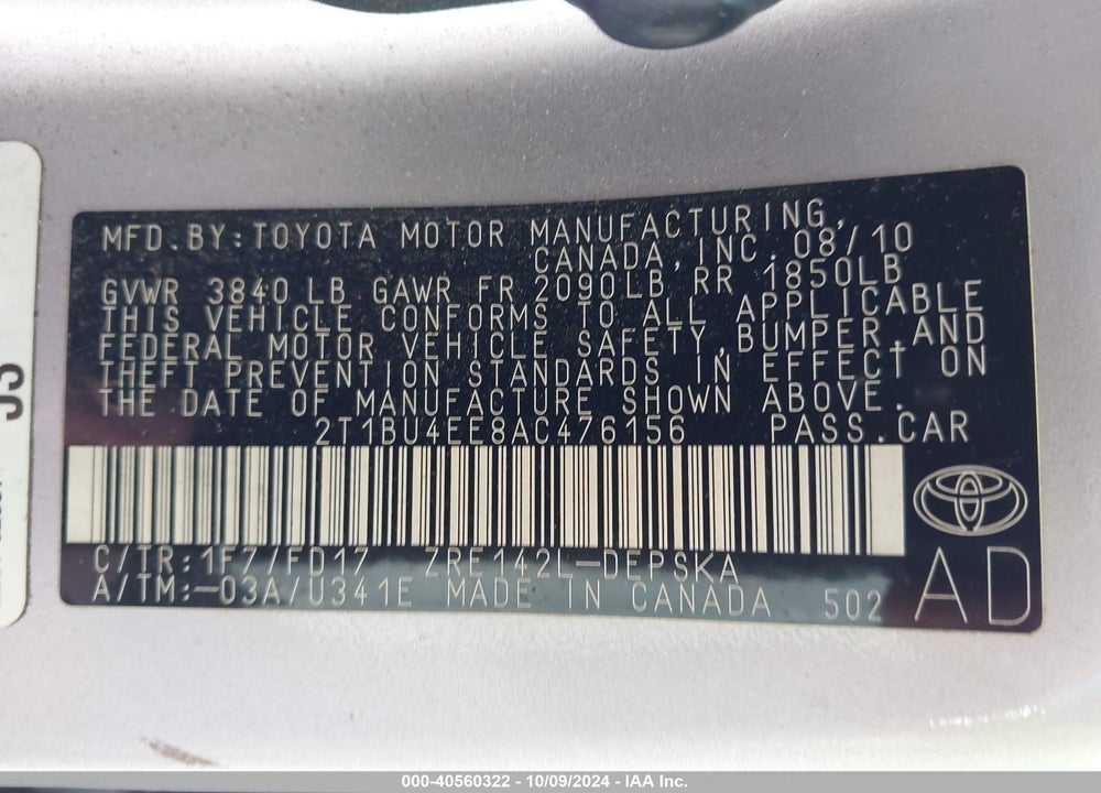 2010 TOYOTA COROLLA S VIN: 2T1BU4EE8AC476156