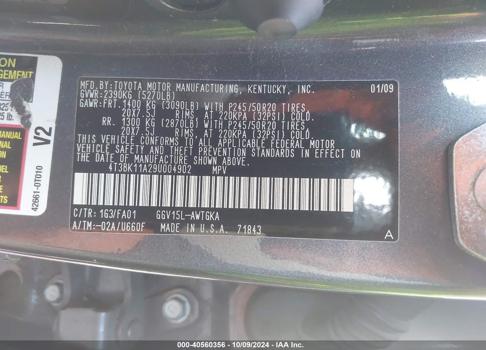 2009 TOYOTA VENZA BASE V6 VIN: 4T3BK11A29U004902