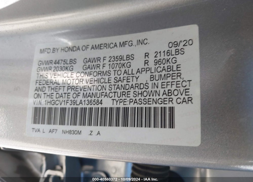 2020 HONDA ACCORD SPORT VIN: 1HGCV1F39LA136584