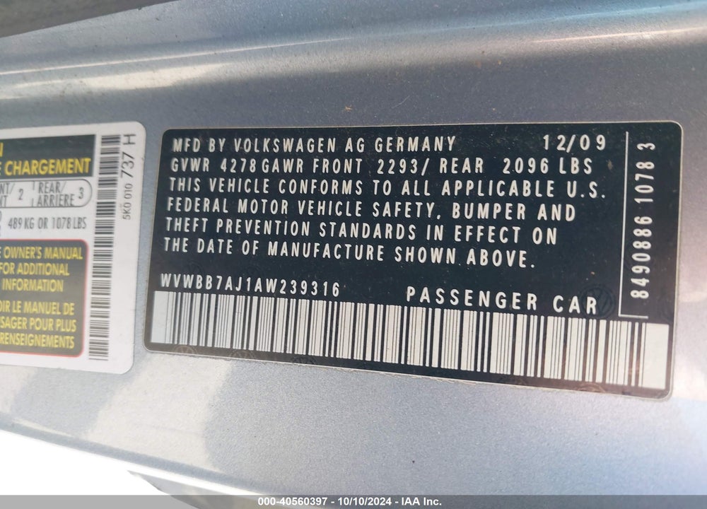 2010 VOLKSWAGEN GOLF 2-DOOR VIN: WVWBB7AJ1AW239316