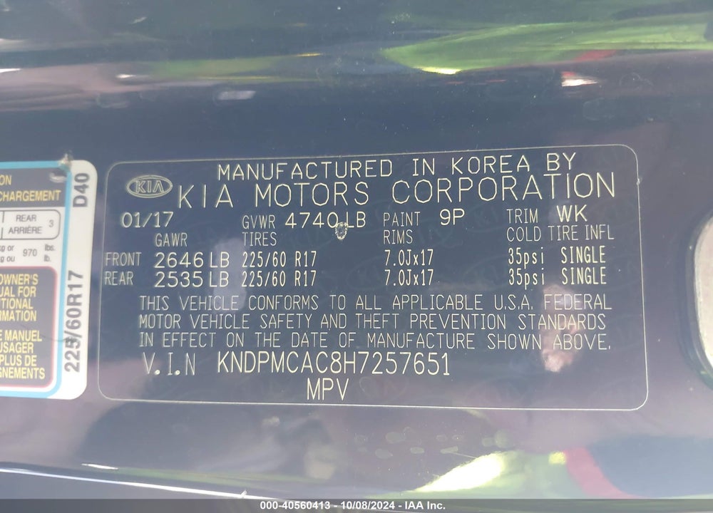 2017 KIA SPORTAGE LX VIN: KNDPMCAC8H7257651
