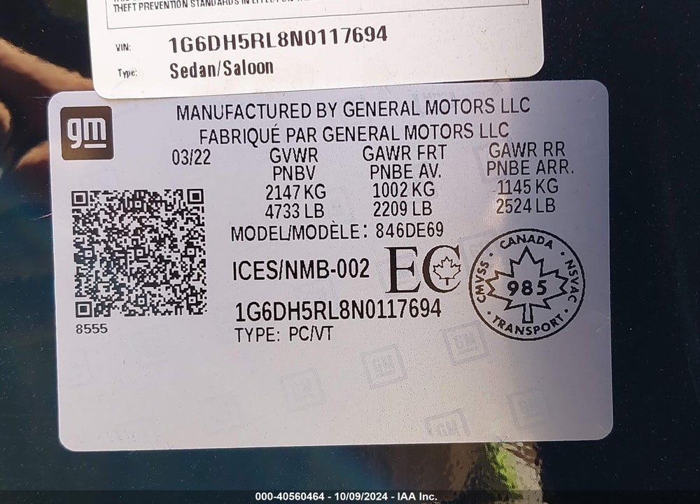 2022 CADILLAC CT4-V V-SERIES VIN: 1G6DH5RL8N0117694