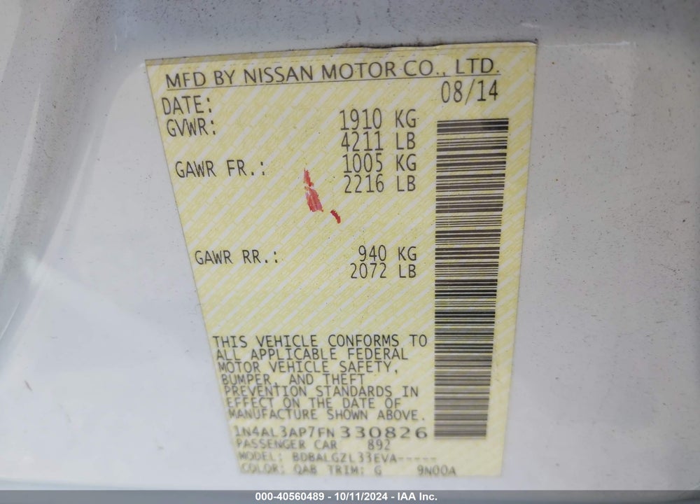 2015 NISSAN ALTIMA 2.5/2.5 S/2.5 SL/2.5 SV VIN: 1N4AL3AP7FN330826