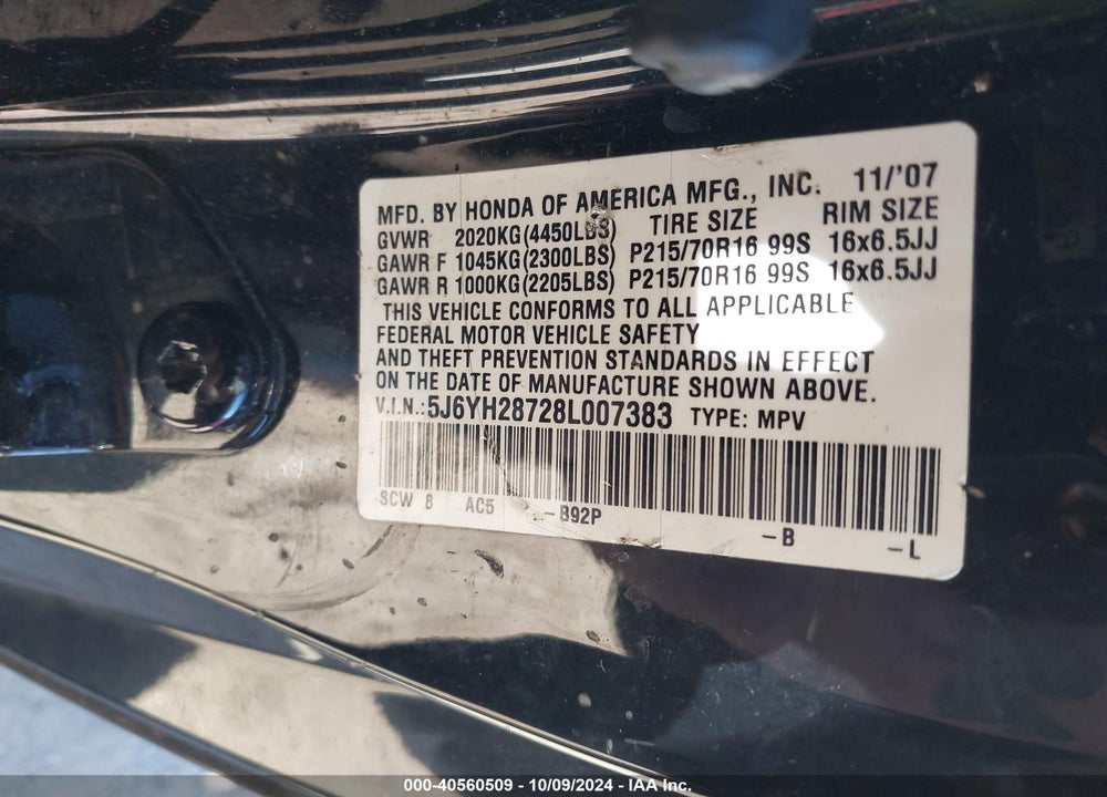 2008 HONDA ELEMENT EX VIN: 5J6YH28728L007383