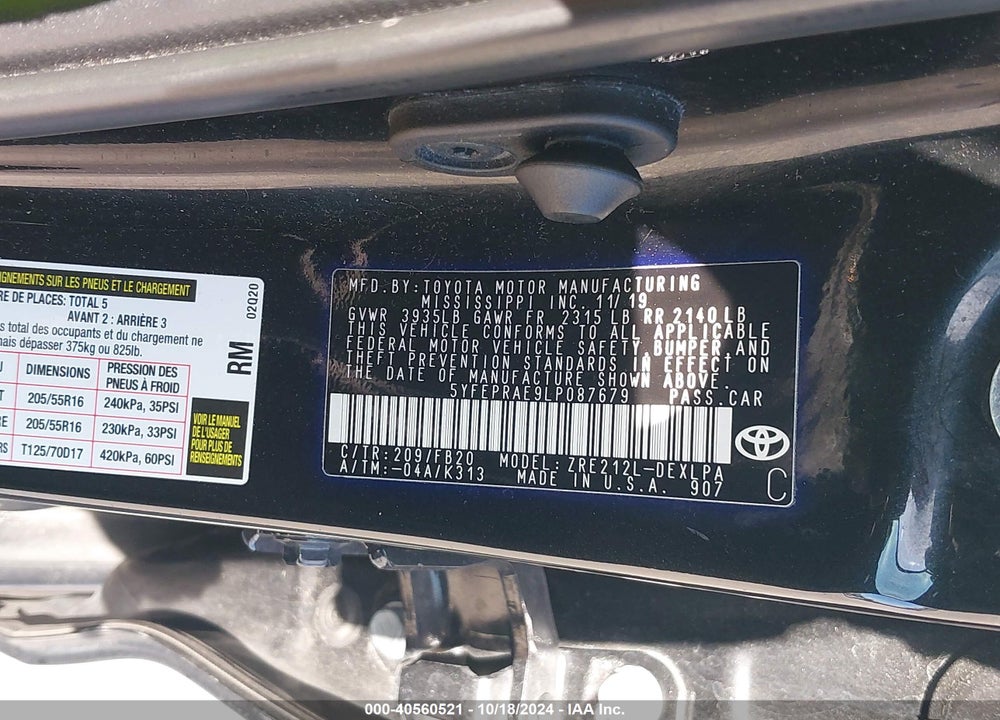 2020 TOYOTA COROLLA LE VIN: 5YFEPRAE9LP087679
