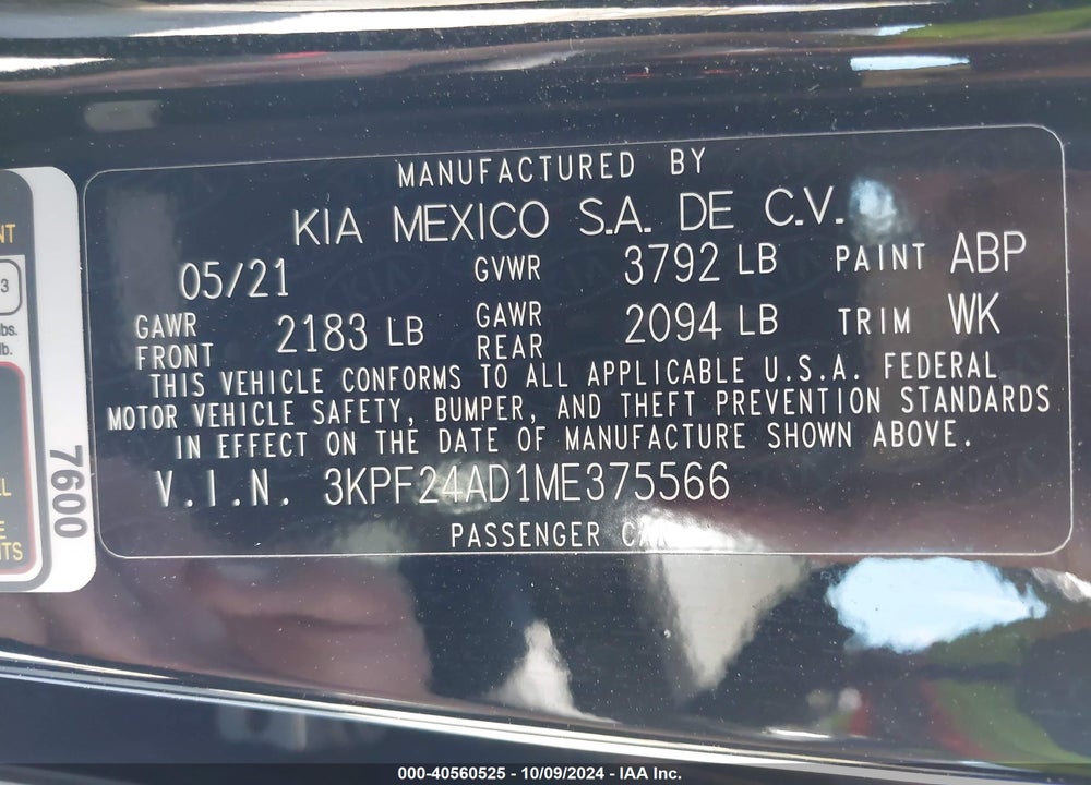 2021 KIA FORTE FE VIN: 3KPF24AD1ME375566