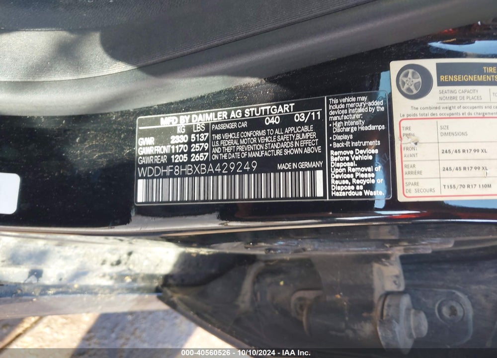 2011 MERCEDES-BENZ E 350 VIN: WDDHF8HBXBA429249