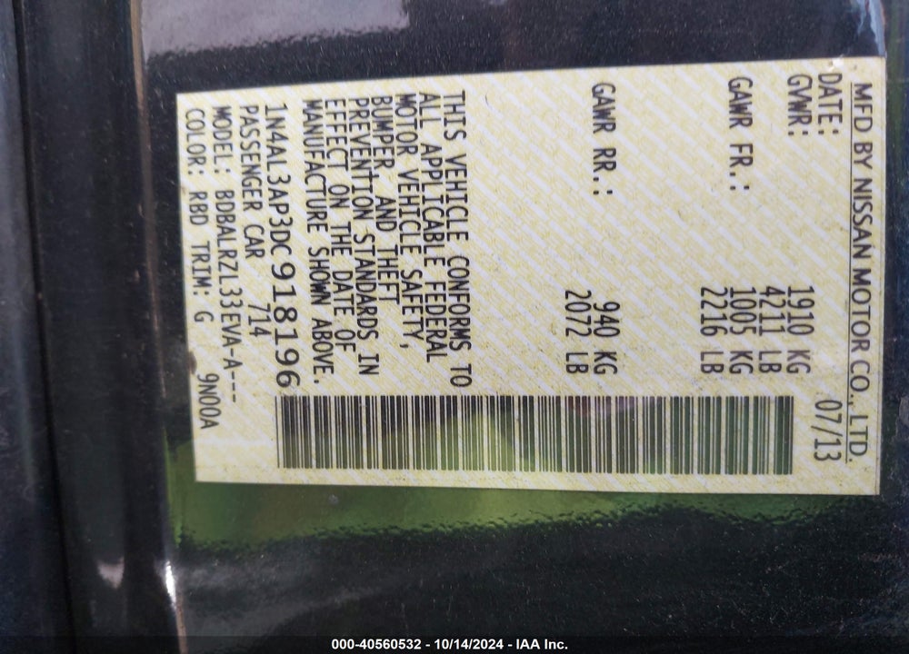 2013 NISSAN ALTIMA 2.5 S VIN: 1N4AL3AP3DC918196