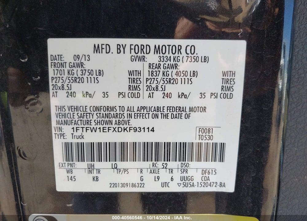 2013 FORD F-150 KING RANCH VIN: 1FTFW1EFXDKF93114