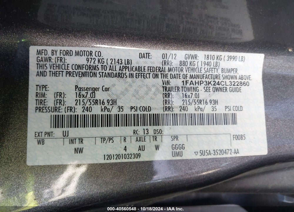 2012 FORD FOCUS VIN: 1FAHP3K24CL322860