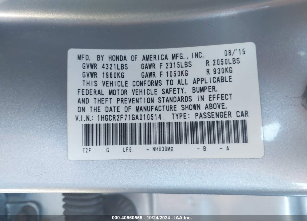 2016 HONDA ACCORD VIN: 1HGCR2F71GA010514