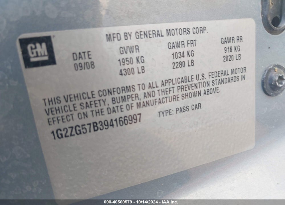 2009 PONTIAC G6 VIN: 1G2ZG57B394166997