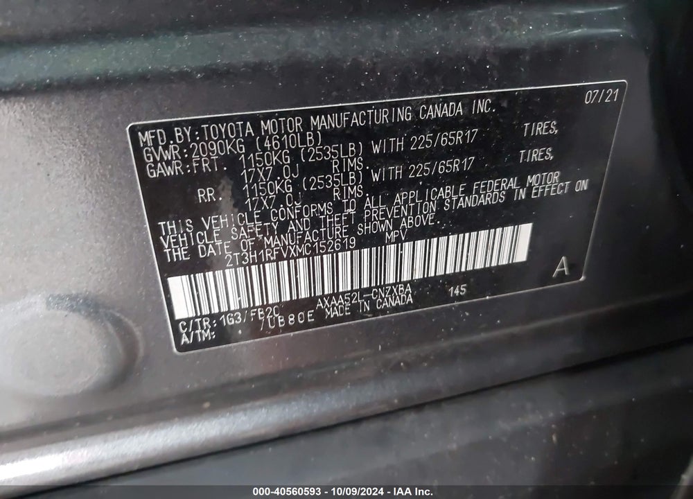 2021 TOYOTA RAV4 LE VIN: 2T3H1RFVXMC152619