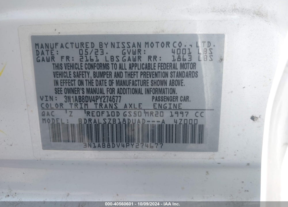 2023 NISSAN SENTRA SR XTRONIC CVT VIN: 3N1AB8DV4PY274677