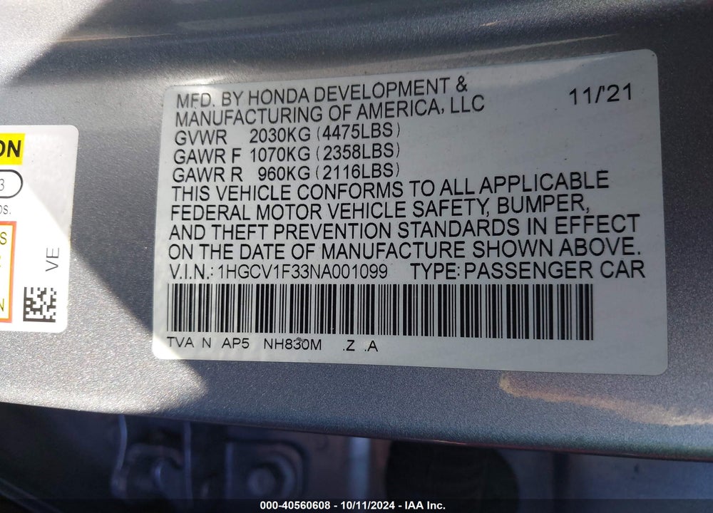 2022 HONDA ACCORD SPORT VIN: 1HGCV1F33NA001099