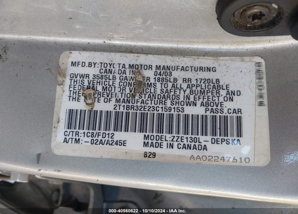 2003 TOYOTA COROLLA S VIN: 2T1BR32E23C159153