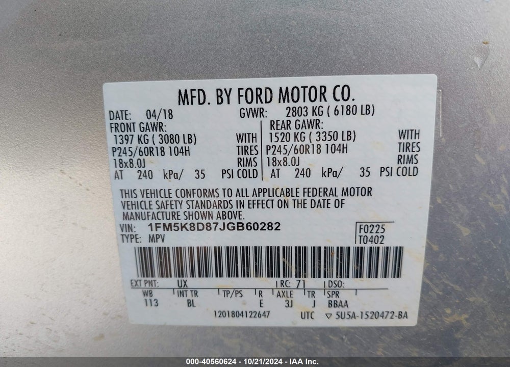 2018 FORD EXPLORER XLT VIN: 1FM5K8D87JGB60282
