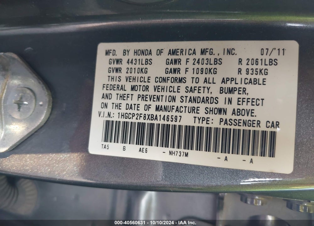 2011 HONDA ACCORD SDN EX-L VIN: 1HGCP2F8XBA146597