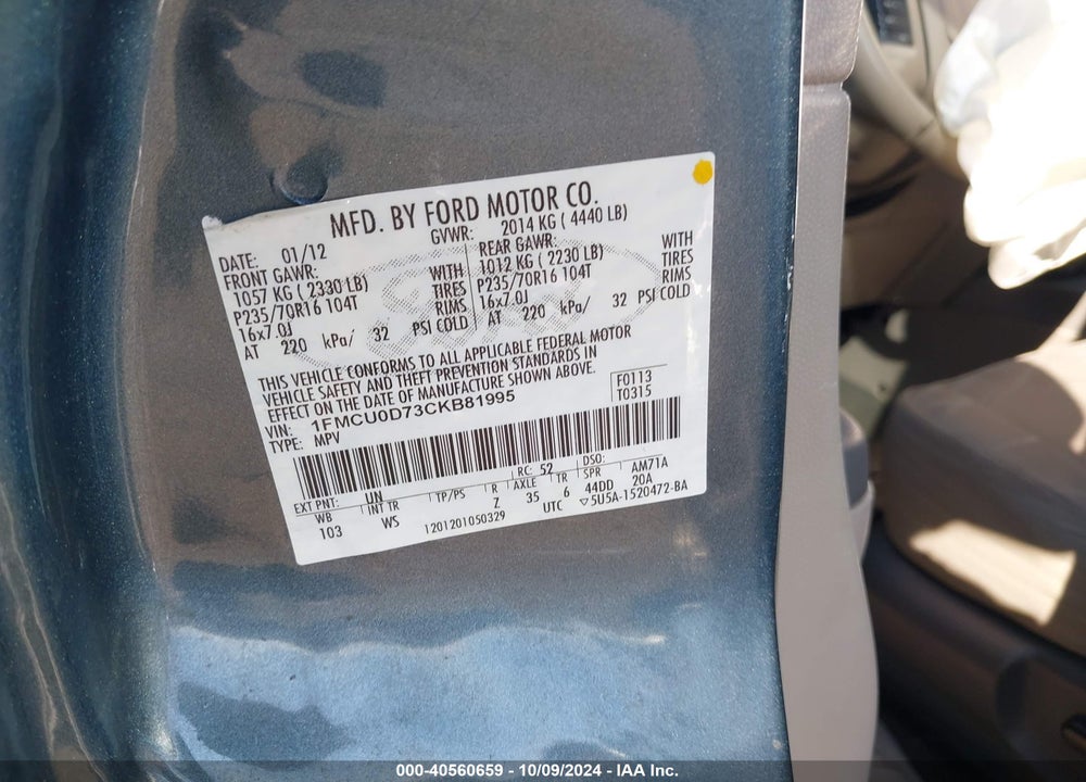 2012 FORD ESCAPE XLT VIN: 1FMCU0D73CKB81995