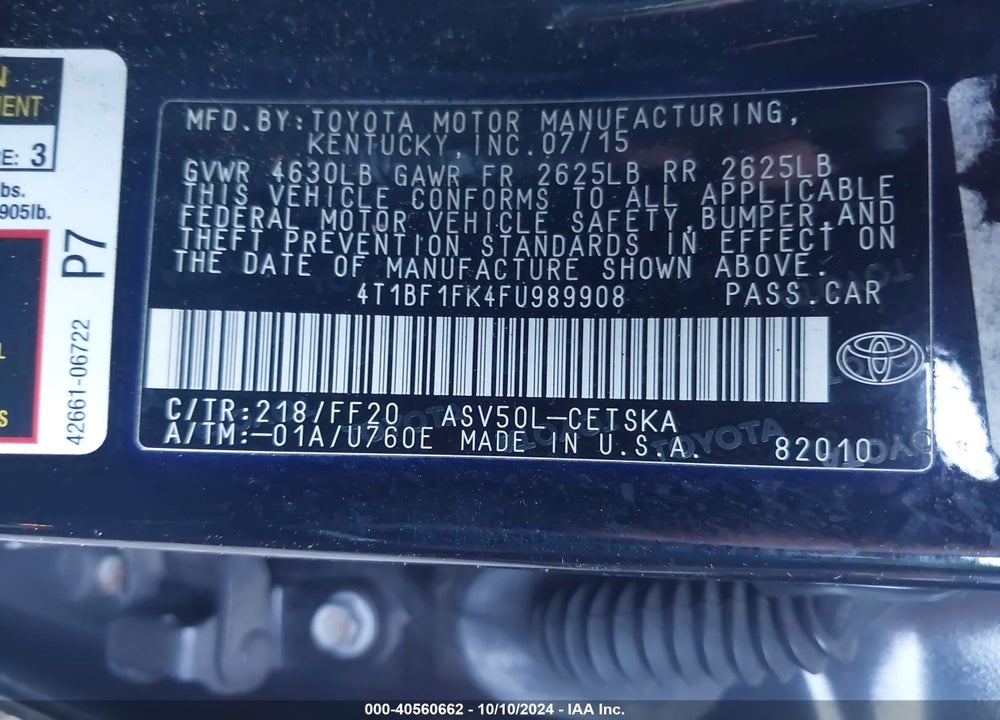 2015 TOYOTA CAMRY SE VIN: 4T1BF1FK4FU989908