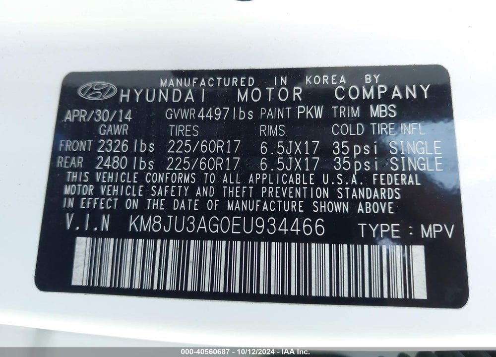 2014 HYUNDAI TUCSON SE VIN: KM8JU3AG0EU934466