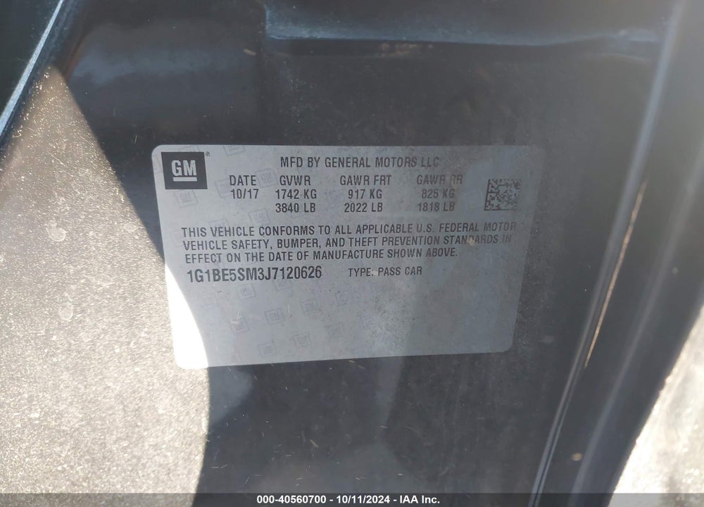 2018 CHEVROLET CRUZE LT AUTO VIN: 1G1BE5SM3J7120626