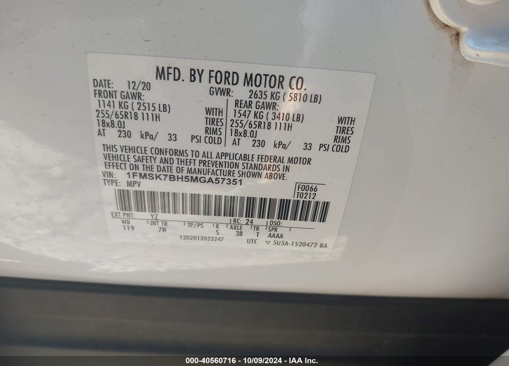 2021 FORD EXPLORER VIN: 1FMSK7BH5MGA57351