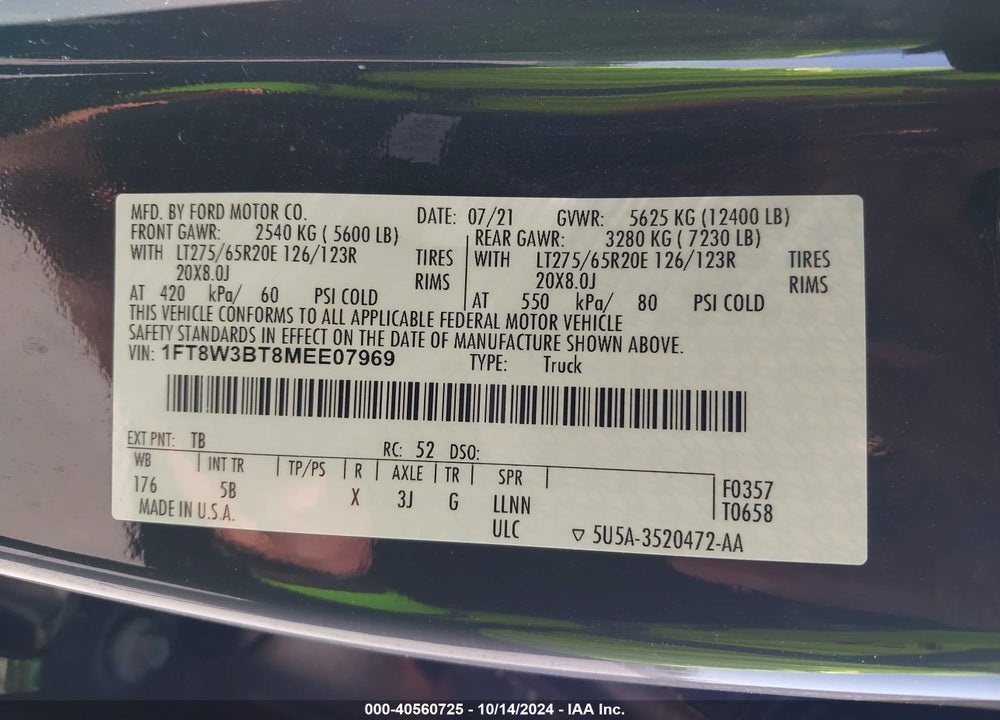 2021 FORD F-350 LARIAT VIN: 1FT8W3BT8MEE07969