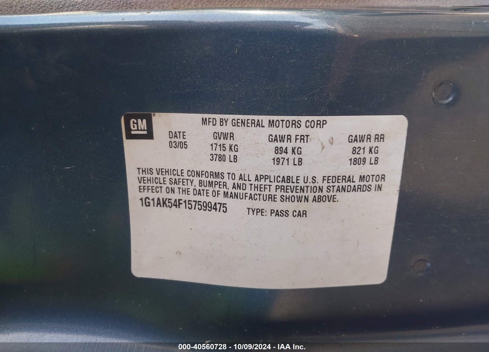 2005 CHEVROLET COBALT VIN: 1G1AK54F157599475