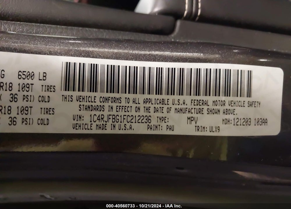 2015 CHEROKEE JEEP GRAND  LIMITED VIN: 1C4RJFBG1FC212236