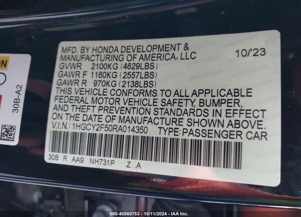 2024 HONDA ACCORD HYBRID SPORT VIN: 1HGCY2F50RA014350