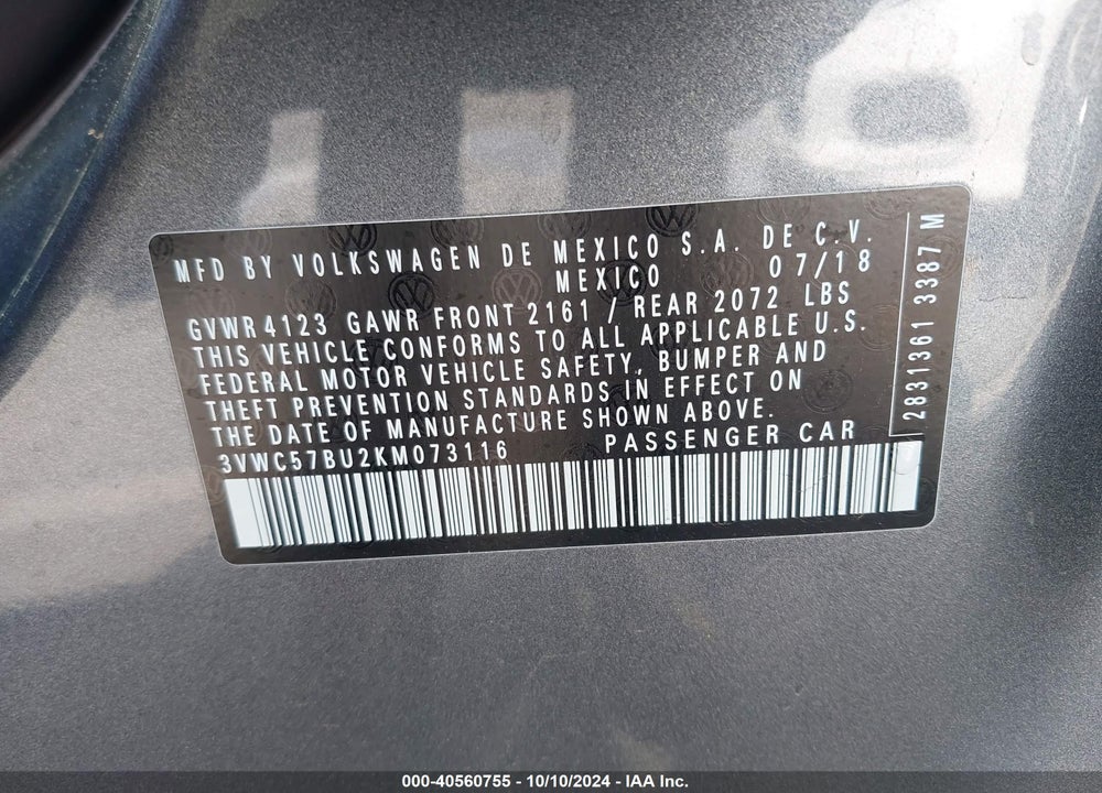 2019 VOLKSWAGEN JETTA 1.4T R-LINE/1.4T S/1.4T SE VIN: 3VWC57BU2KM073116