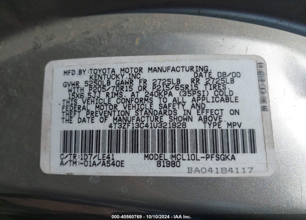 2001 TOYOTA SIENNA XLE VIN: 4T3ZF13C41U321828