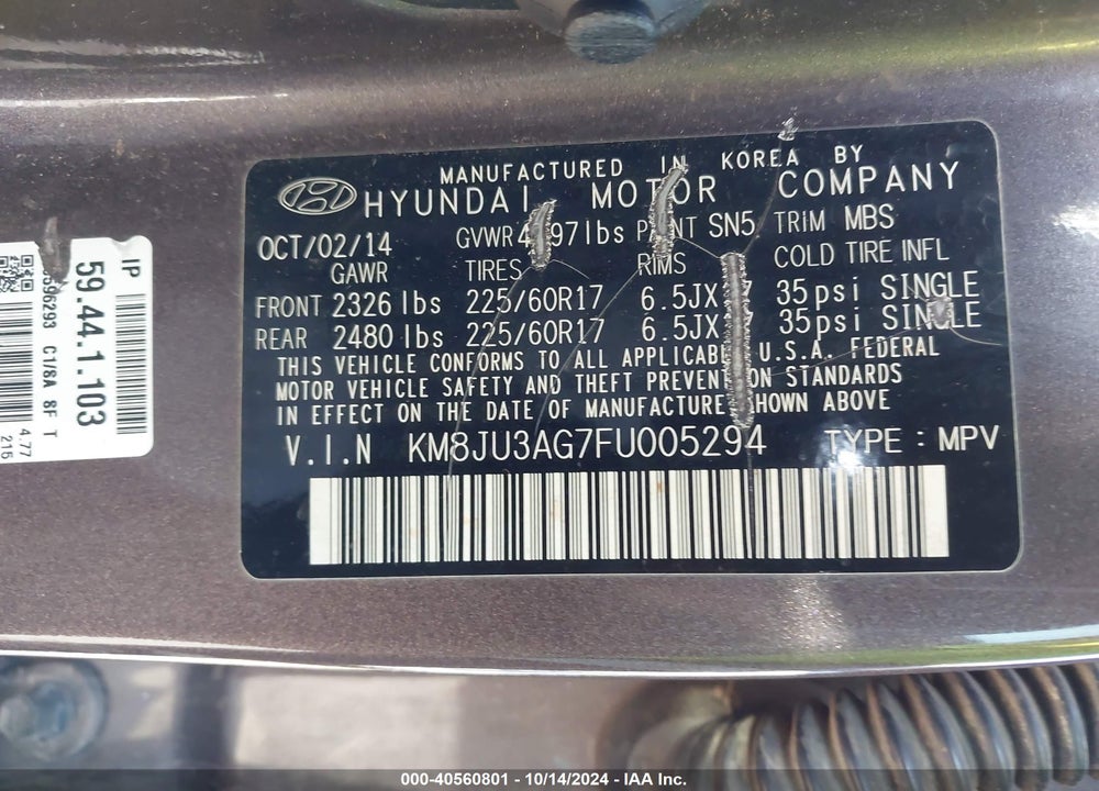 2015 HYUNDAI TUCSON SE VIN: KM8JU3AG7FU005294
