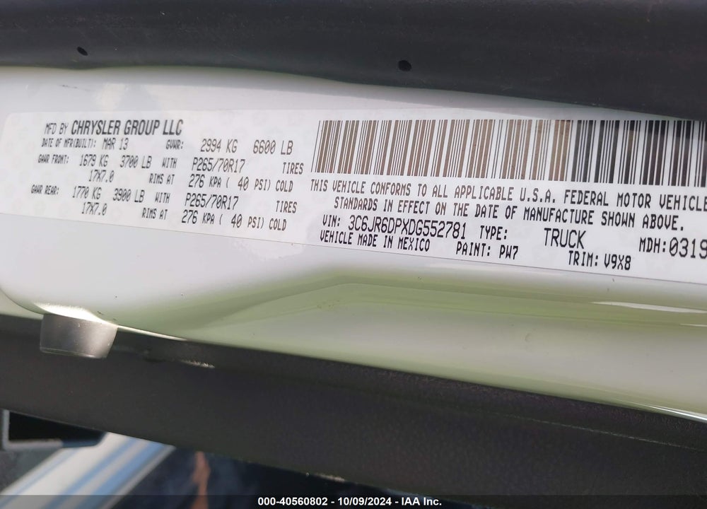 2013 RAM 1500 TRADESMAN VIN: 3C6JR6DPXDG552781