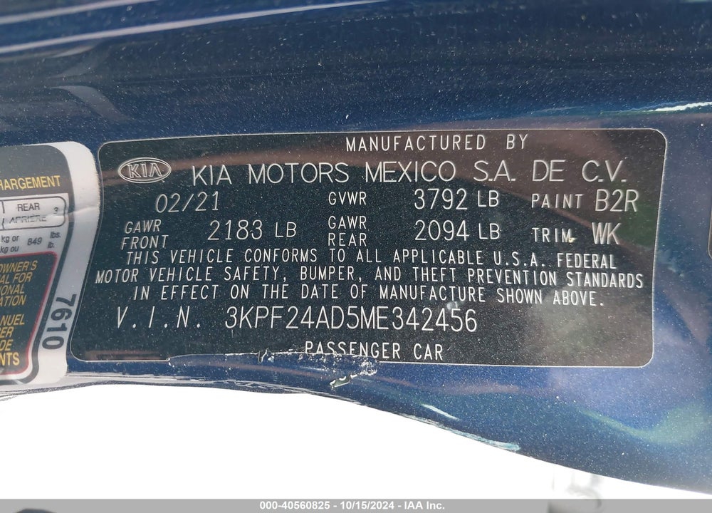 2021 KIA FORTE LXS VIN: 3KPF24AD5ME342456