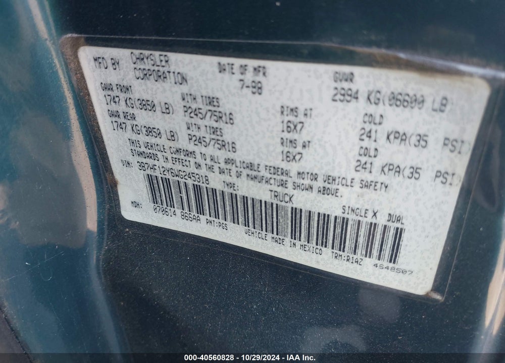 1998 DODGE RAM 1500 ST VIN: 3B7HF12Y6WG245318