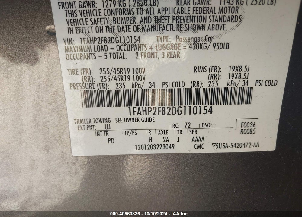 2013 FORD TAURUS LIMITED VIN: 1FAHP2F82DG110154
