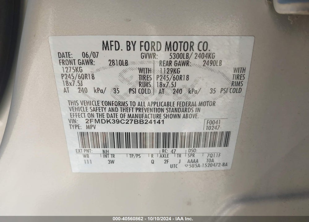 2007 FORD EDGE SEL PLUS VIN: 2FMDK39C27BB24141
