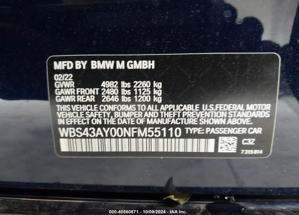 2022 BMW M3 COMPETITION XDRIVE VIN: WBS43AY00NFM55110
