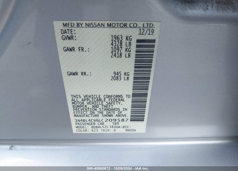 2020 NISSAN ALTIMA SR FWD VIN: 1N4BL4CV6LC209587