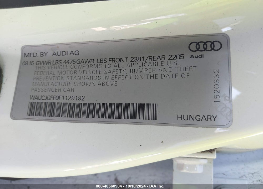 2015 AUDI A3 2.0 TDI PREMIUM VIN: WAUCJGFF0F1129192