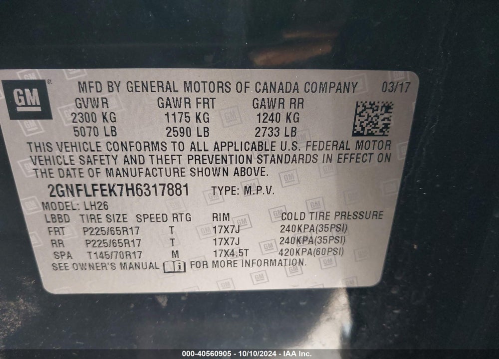 2017 CHEVROLET EQUINOX LT VIN: 2GNFLFEK7H6317881