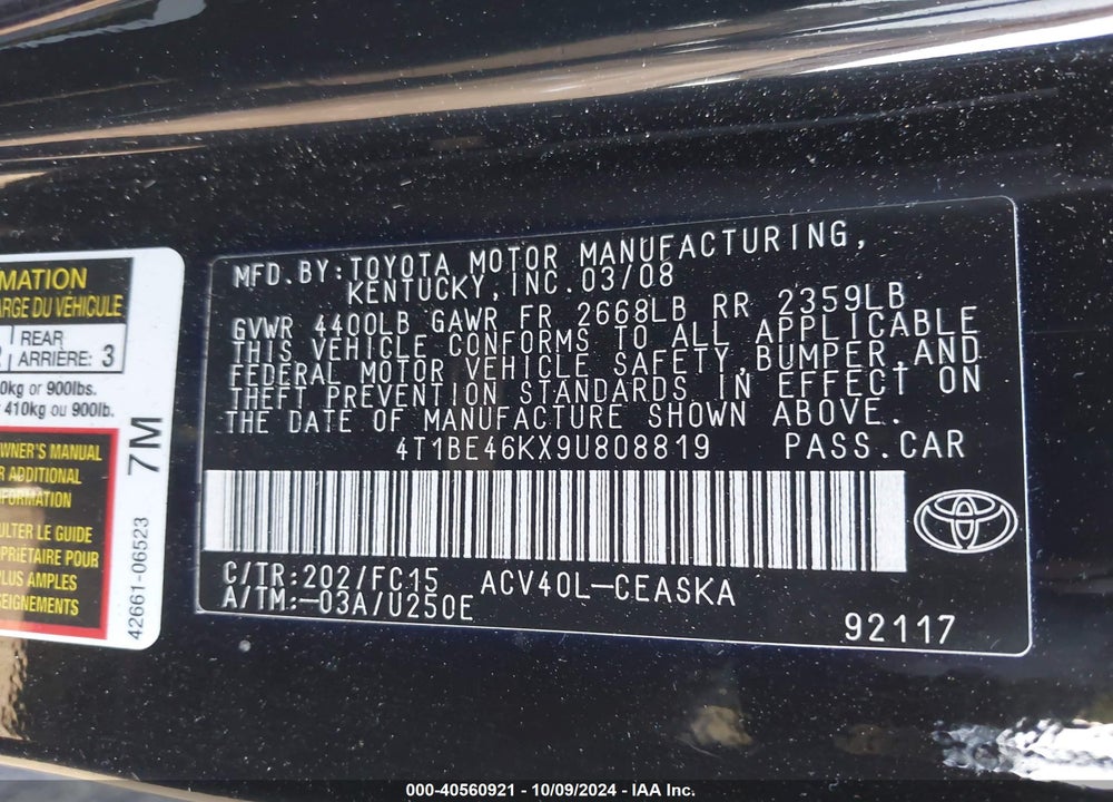 2009 TOYOTA CAMRY SE VIN: 4T1BE46KX9U808819