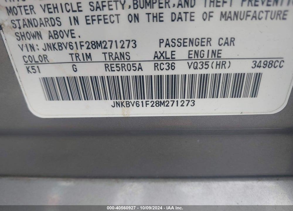 2008 INFINITI G35X VIN: JNKBV61F28M271273
